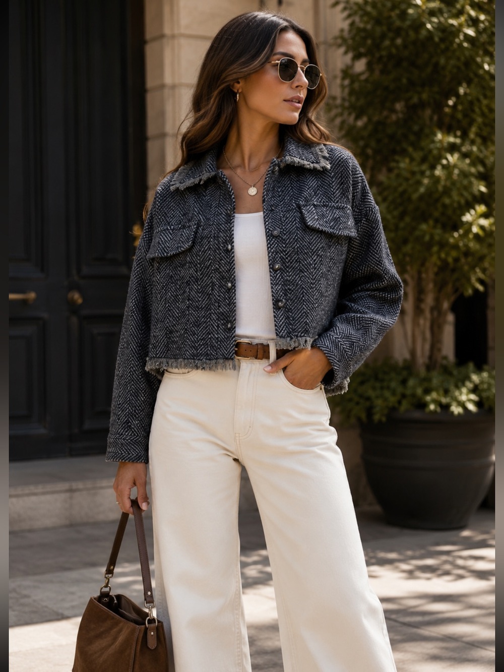 Cropped Herringbone Jacket in Charcoal Gray - Women
